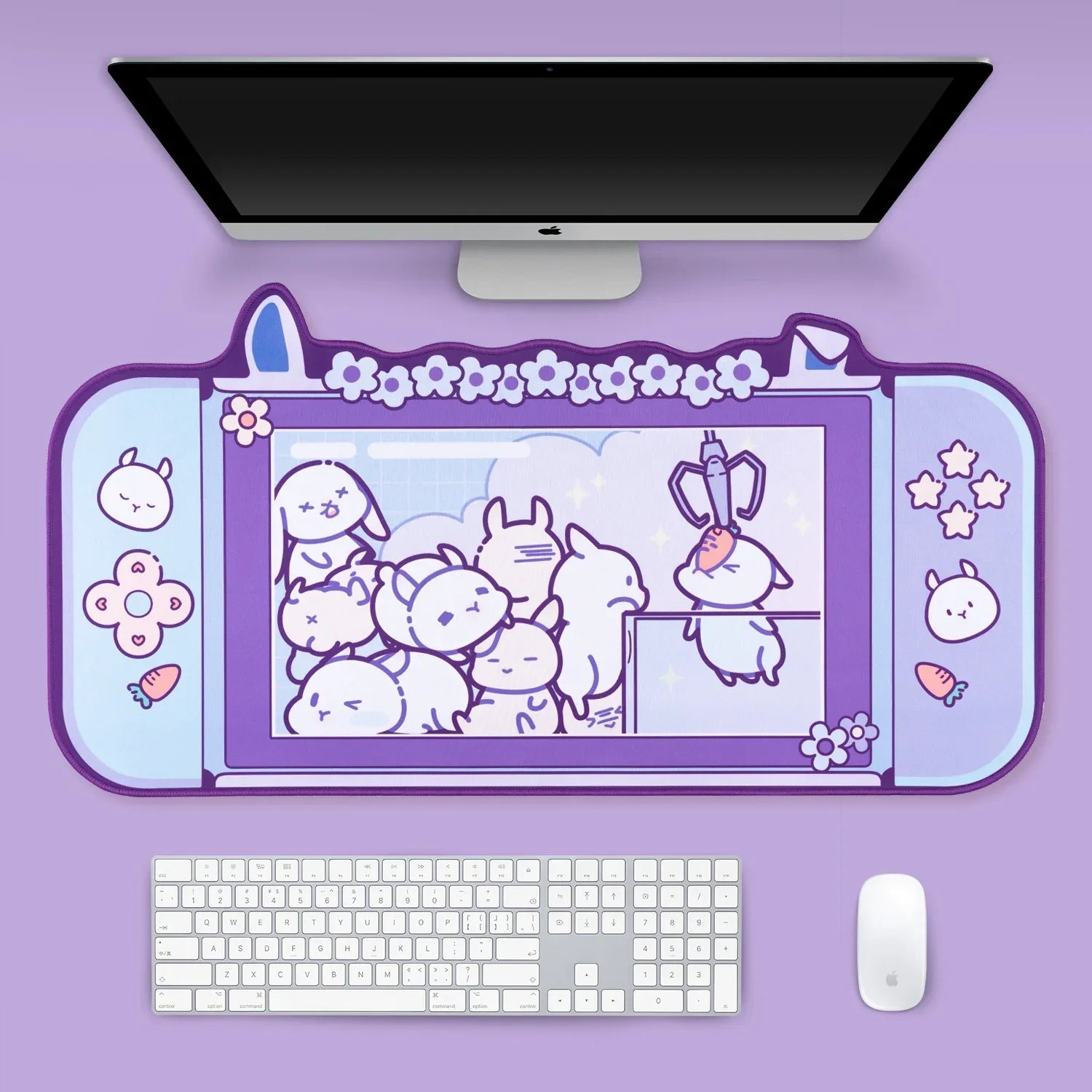 Purple cartoon-themed desk mat with a computer setup on a purple background